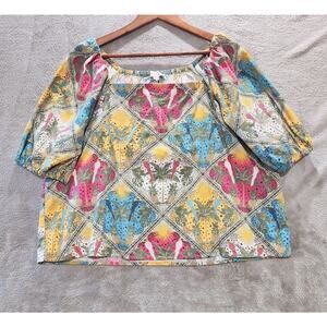 LOFT Palm Puff Sleeve Square Neck Tropical Blouse Size Medium Boho Resort Beach